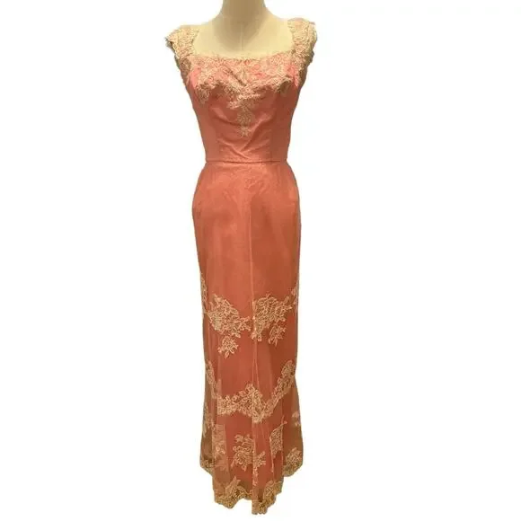 American vintage 50’s Pink Lace netting overlay shelf bust dress size X Small - Picture 2 of 16